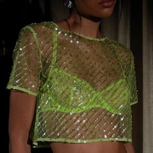 NWT Sequin Mesh Short Sleeve Crop Top
